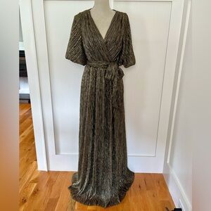 Eliza J Metallic Puff Sleeve Faux Wrap Maxi Dress